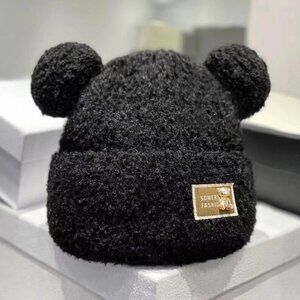 Cute Plush Bear Ear Beanie Hat Women Winter Knit Warm Bonnet Caps